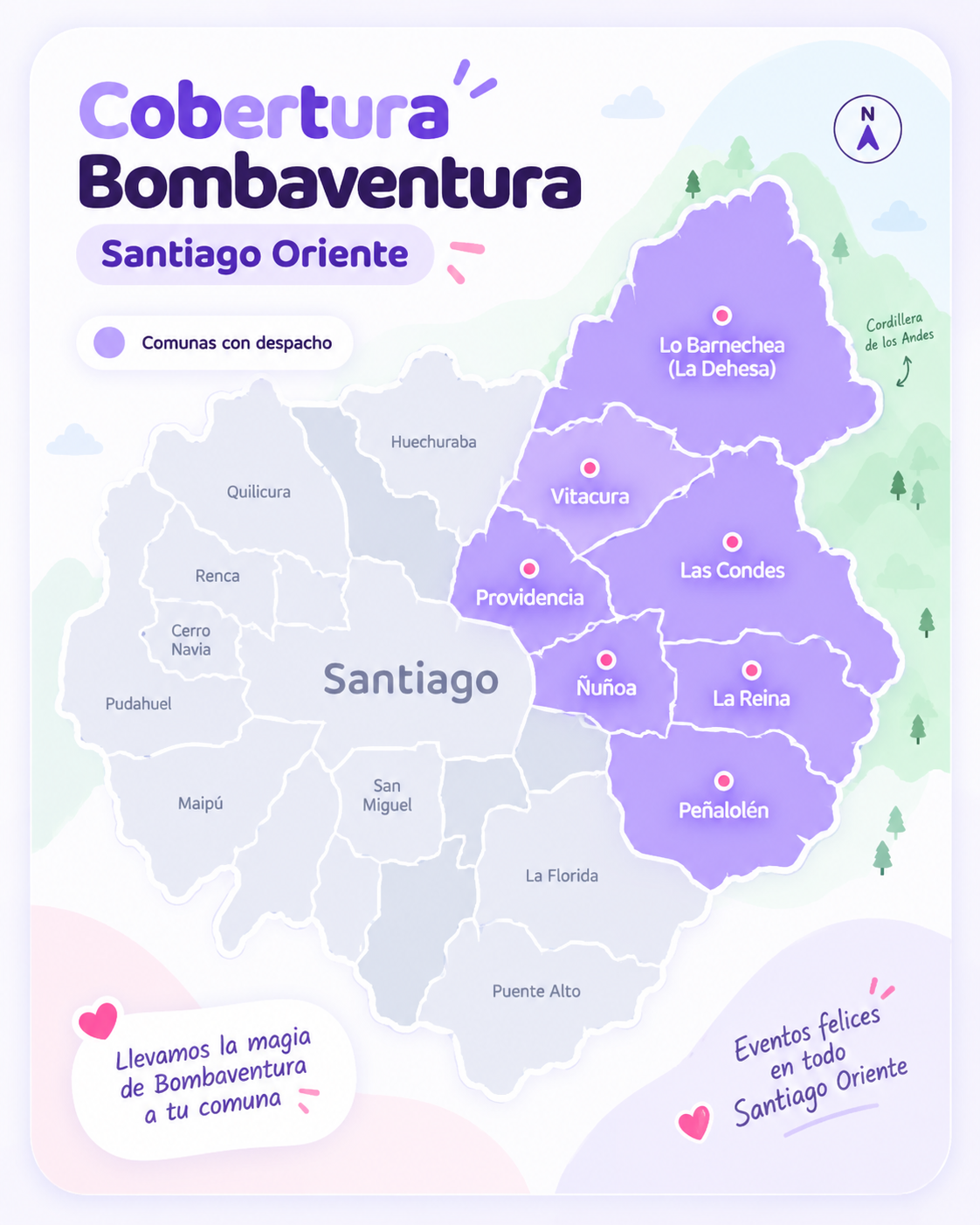 Mapa ilustrado de cobertura de Bombaventura en Santiago Oriente, destacando Lo Barnechea, Vitacura, Las Condes, Providencia, Ñuñoa, La Reina y Peñalolén.